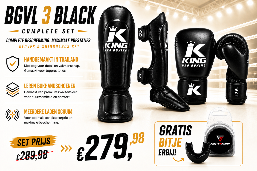 King Pro Boxing BGVL-3 Leren Bokshandschoenen + SGL-7 Scheenbeschermers Set Zwart + Gratis Bitje