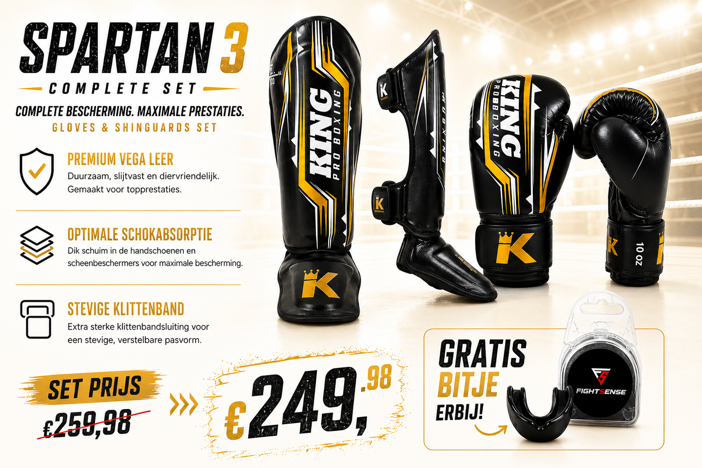 King Pro Boxing Spartan 3 Set Zwart/Goud + Gratis FightSense Bitje