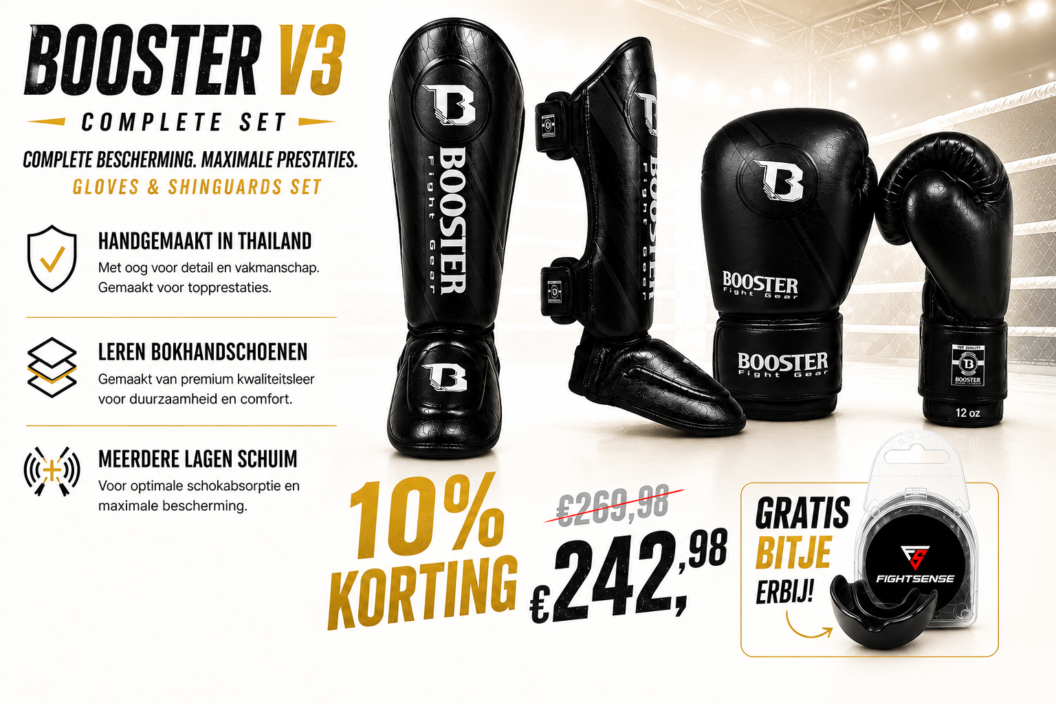 Booster Fight Gear V3 Zwart/Wit Complete Set + Gratis Bitje