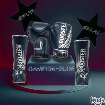 Booster fight gear-kinder bokshandschoenen-champion-blauw-zilver-set