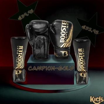 Booster fight gear-kinder bokshandschoenen-champion-zwart-goud-set