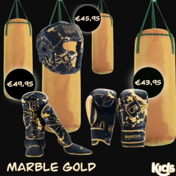 Booster fightgear-marble-goud-zwart-fightset-bokshandschoenen-hoofdbeschermer-scheenbeschermers