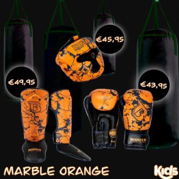 Booster fightgear-Kinder bokshandschoenen-marble-oranje-set-hoofdkap-scheenbeschermers