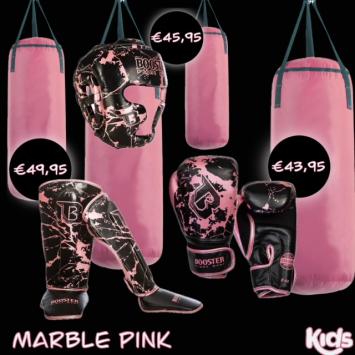 Booster Fight Gear-kinder-bokshandschoenen-marble-roze-zwart-set-hoofdkap-scheenbeschermers